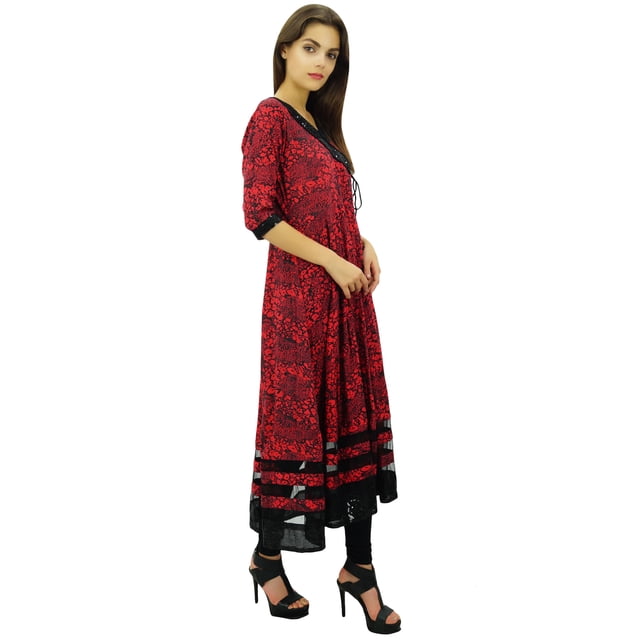 Phagun Robe Kurta Style Angrakha Rouge Ligne A pour Femmes Tunique Évasée-6