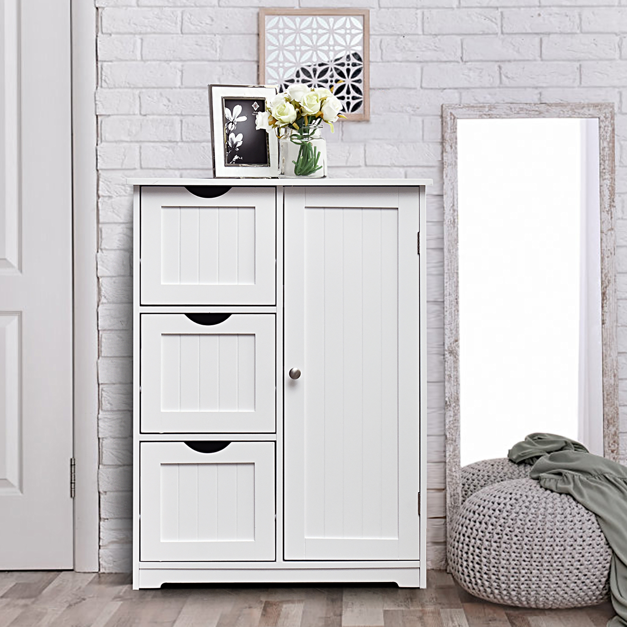 Costway Slim Free-Standing Bathroom Floor Cabinet with 3 Drawers and 1 ...