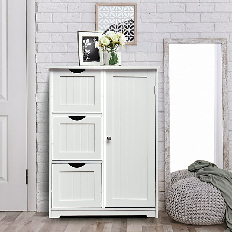 Costway Bathroom Floor Cabinet Side Storage Cabinet with 3 Drawers and 1  Cupboard White