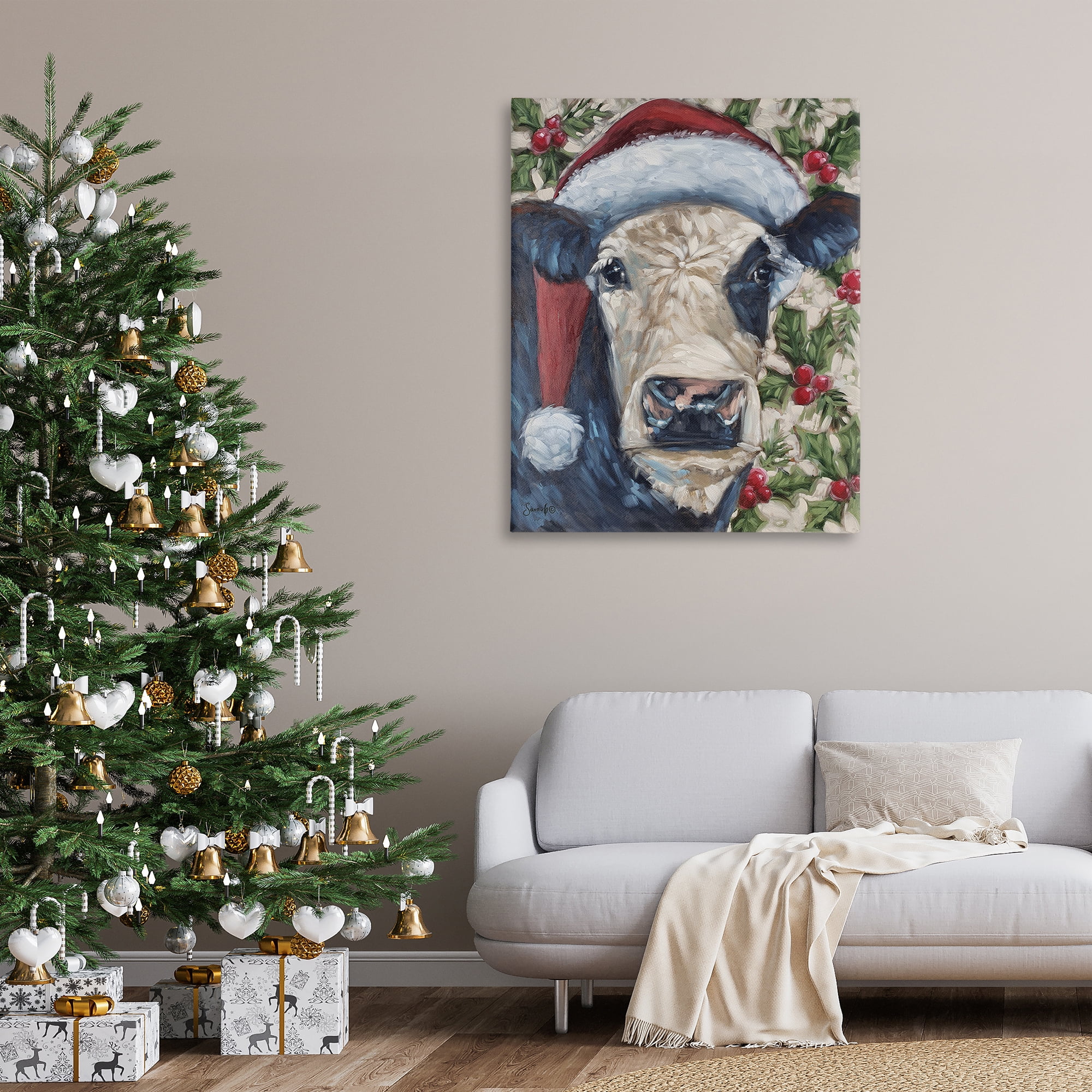 Stupell Industries Cow with Festive Holly Holiday Painting Gallery Wrapped Canvas Art Print Wall Art, 36 x 48