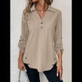 thumbnail image 4 of Blusas de Larga con Cuello en V y Botones para Mujer, Camisas Holgadas de Color Liso para y Otoño. Caqui XL, 4 of 7