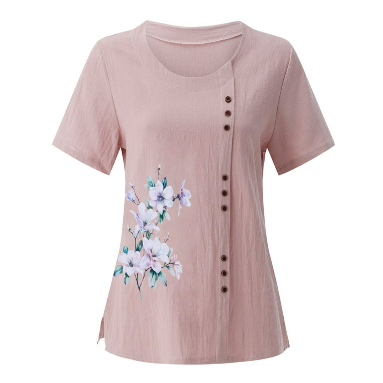 HSMQHJWE Womens Top Plus Size Holiday Tops For Women Women'S Round Neck  Button Cotton Linen Print Elegant Short Sleeve T Shirt Top Metallic Blouse  For Women 