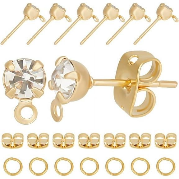 1 Box 60Pcs Stud Earring Findings 18K Gold Plated Cubic Zirconia Round Post Earrings Findings with Ear Nuts for Jewellery Making