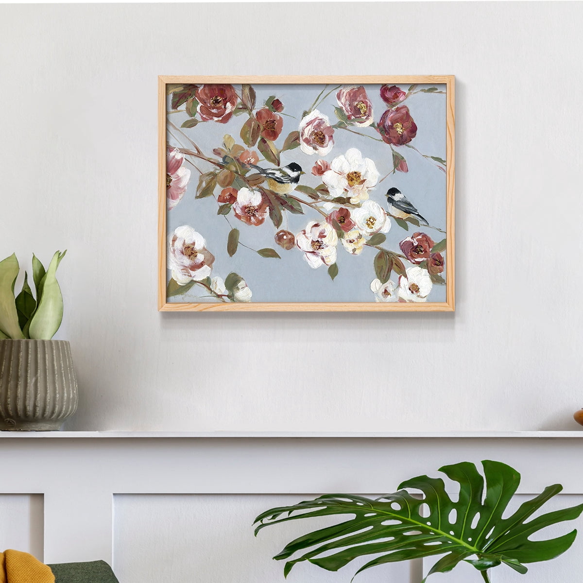 Chickadees and Blossoms II by Sally Swatland - Restickable Framed Giclée Print