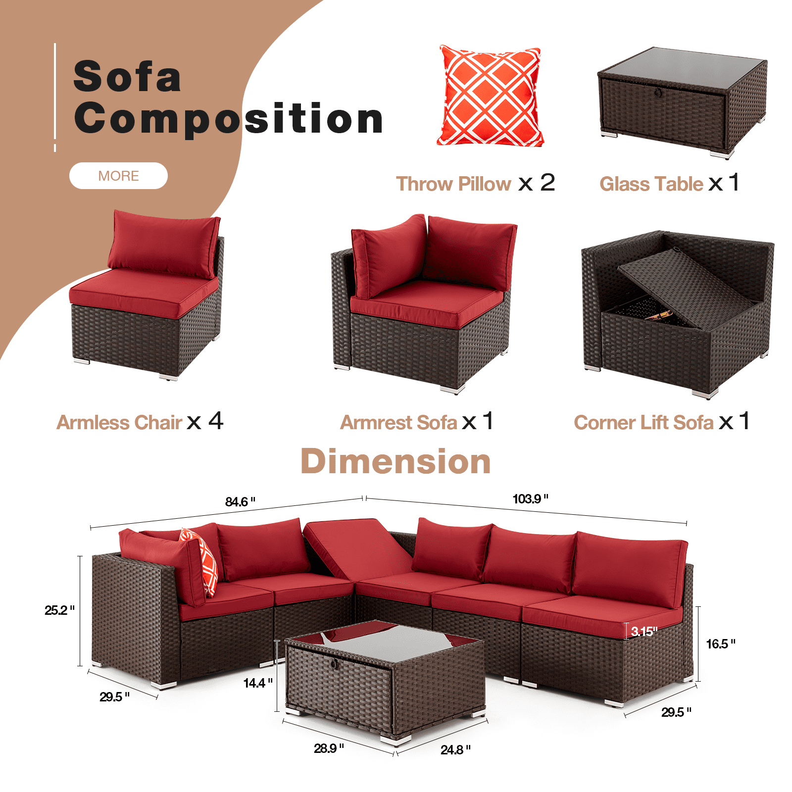 Homrest 7 Pieces Outdoor Sectional Sofa, Wicker Conversation Sets, Steel Frame, Red
