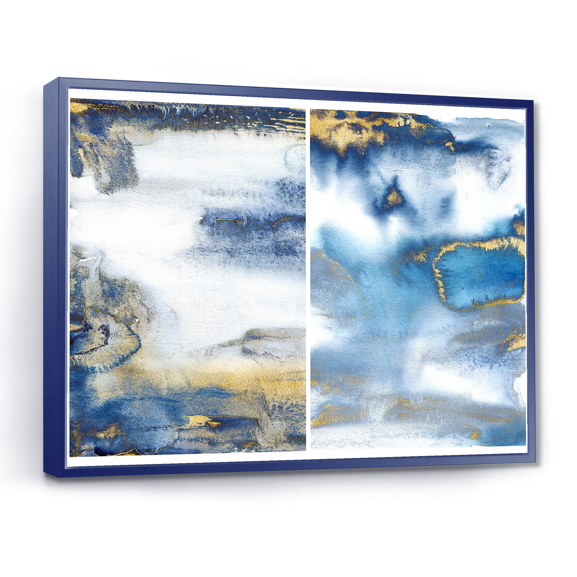 Designart 'Gold and Dark Blue Abstract Waves I' Modern Framed Canvas Wall Art Print