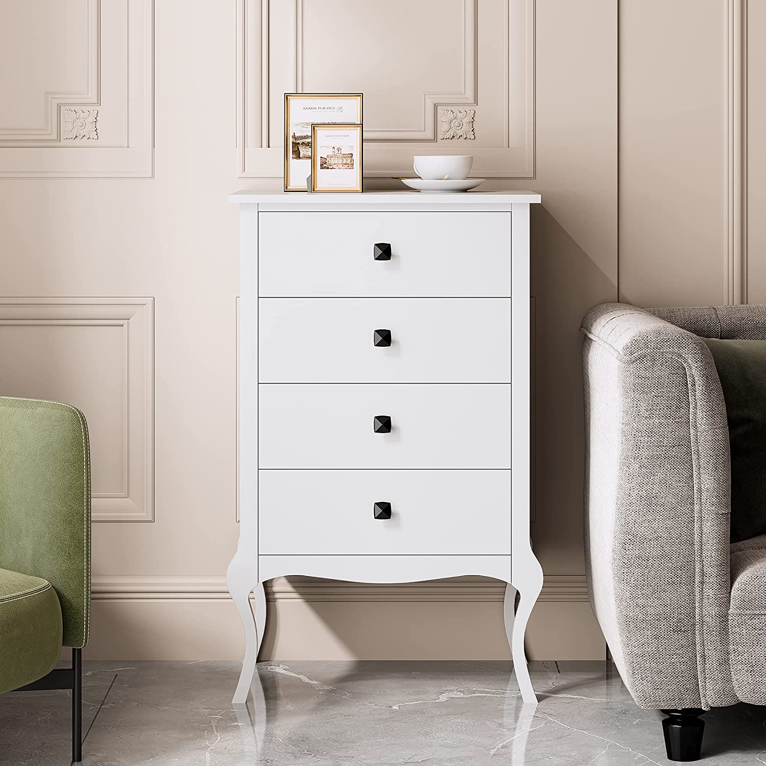 Soges Dresser with 4 Drawers, White Accent Storage for Living Room