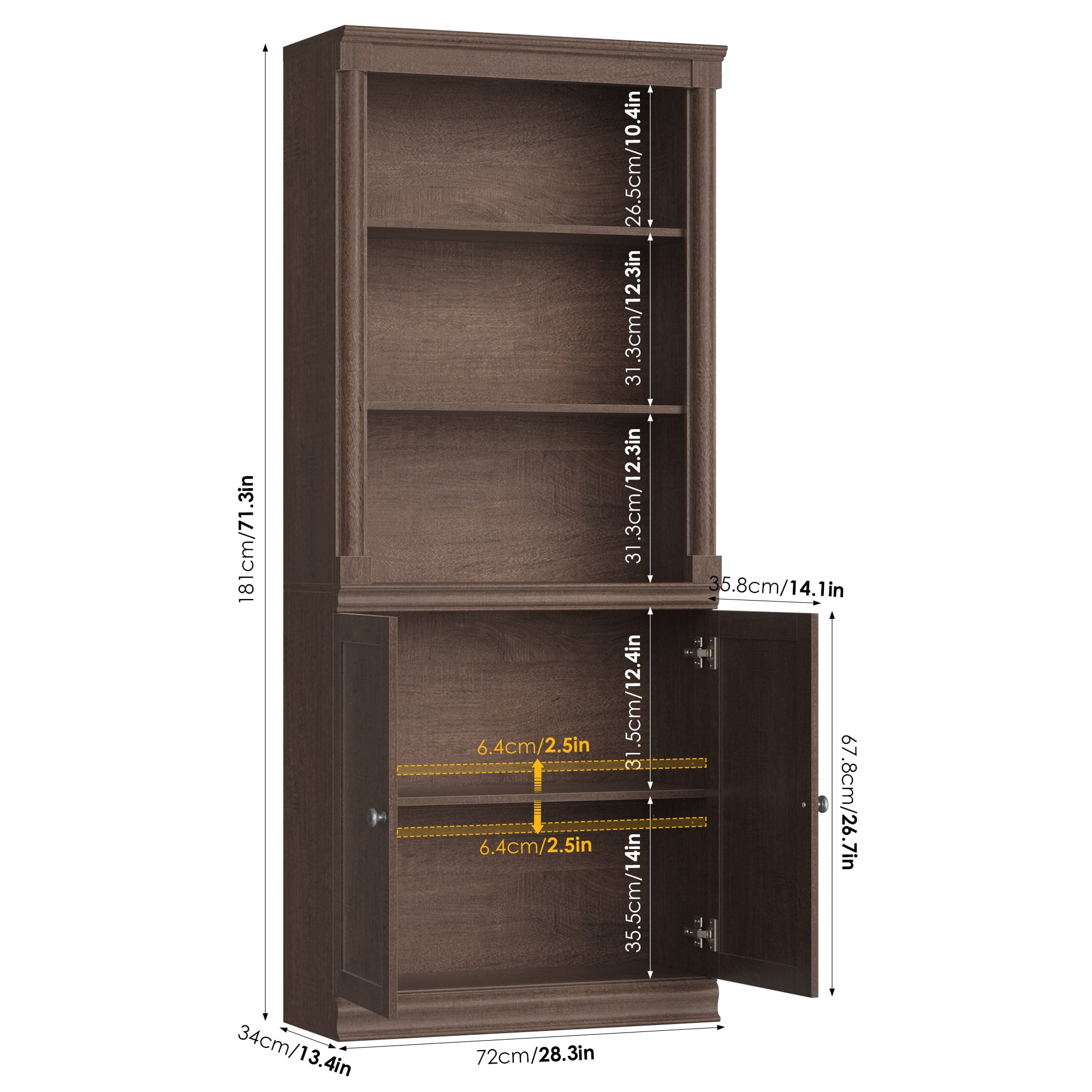 Homfa 71"H Bookcase with Doors, 5 Tier Storage Bookshelf with Adjustable Shelf for Study Home Office, Reddish-Brown