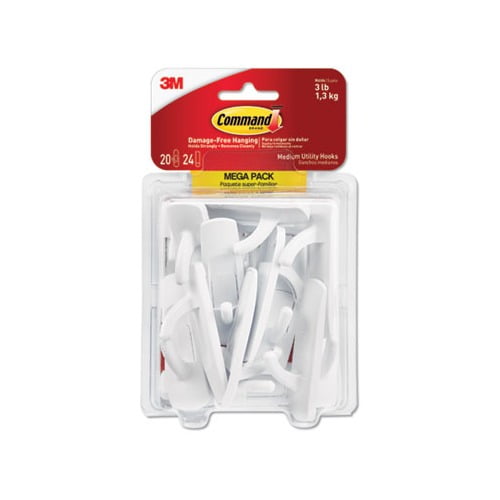 General Purpose Hooks Medium, 3 lb Cap, White, 20 Hooks and 24 Strips/Pack