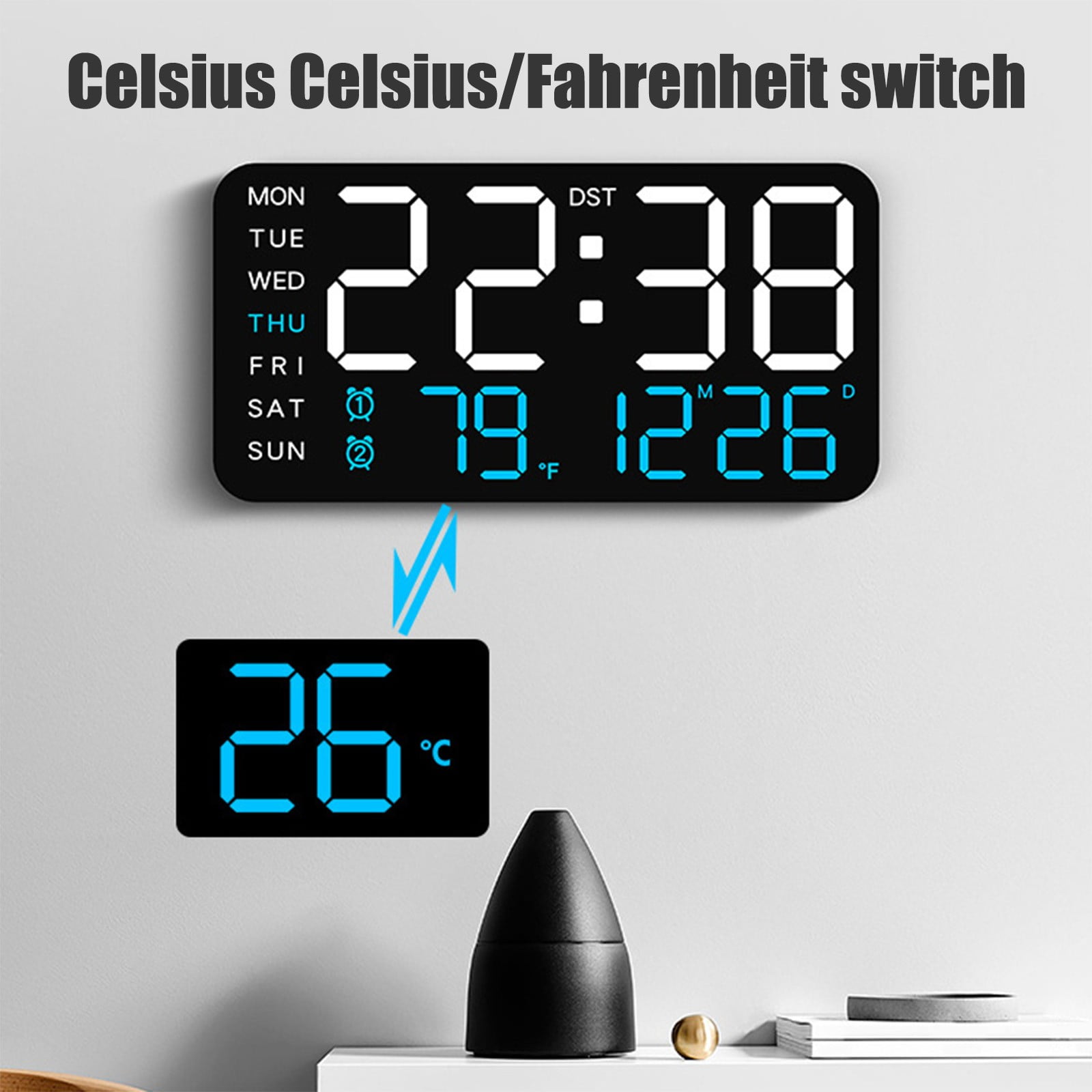 Digital Wall Clock Battery Operated, Desk Clocks with Temperature, Humidity and Date, Large Display Digital Calendar Alarm Clock for Living Room Classroom, Bedroom, Office, Auto DST