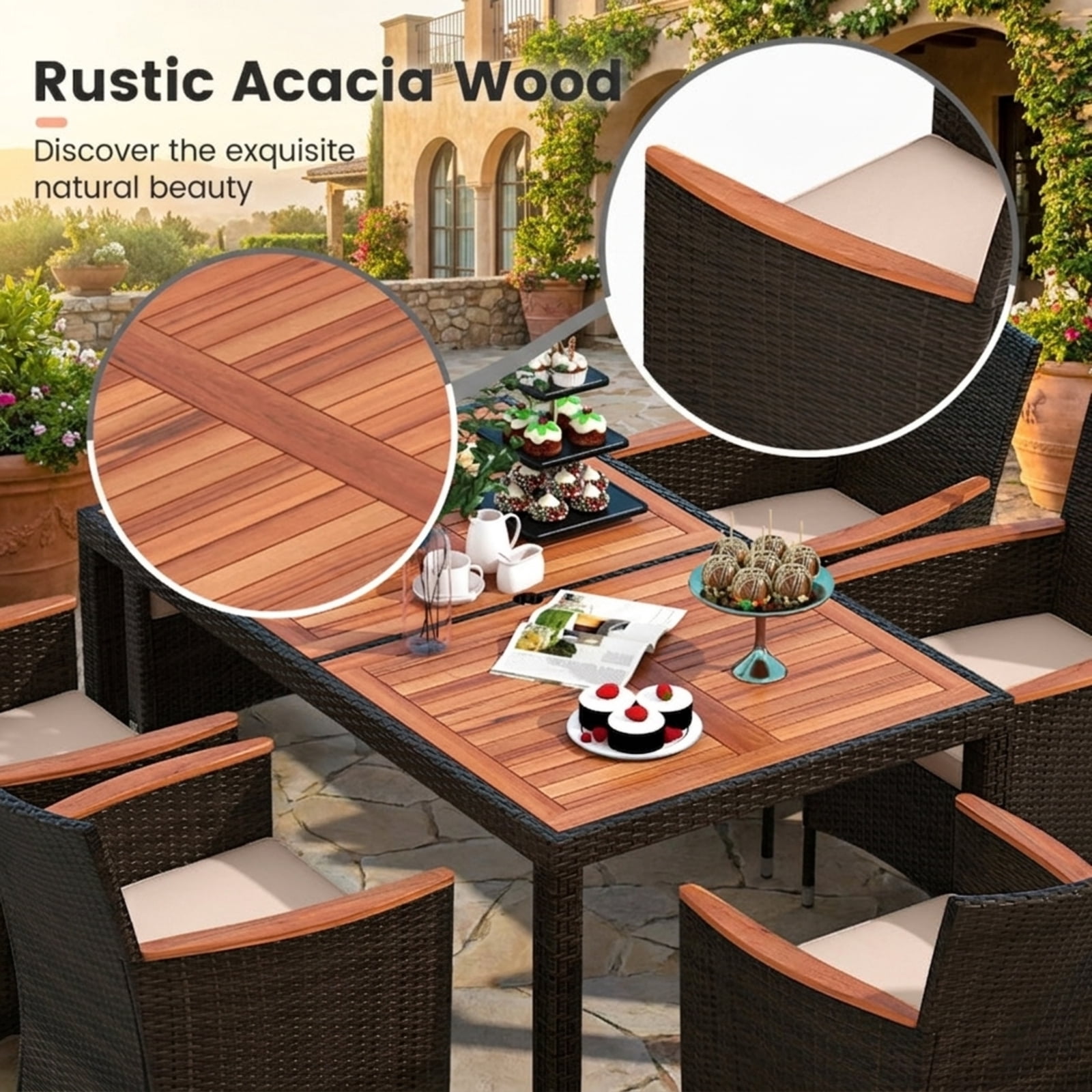 Biotree 7 Piece Patio Rattan Dining Set with Acacia Wood Table and Cushioned Chairs for Outdoor Backyard Garden and Porch Gatherings, Brown