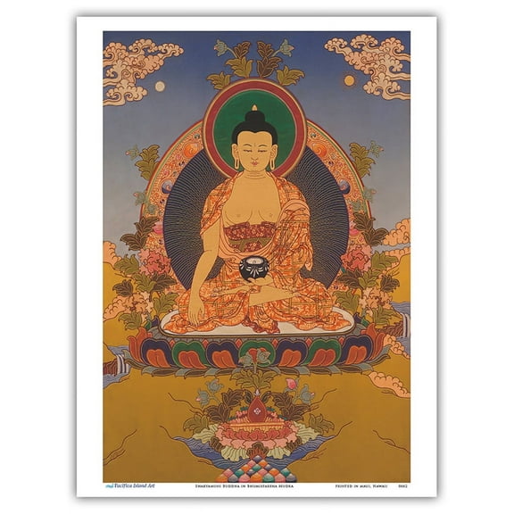 Shakyamuni Buddha in Bhumisparsha Mudra (Touching the Earth) - Vintage Tibetan Thangka Buddhist Painting - Master Art Print (Unframed) 9in x 12in
