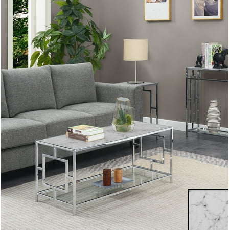 Convenience Concepts Town Square Chrome Coffee Table, Faux White Marble/Chrome Frame