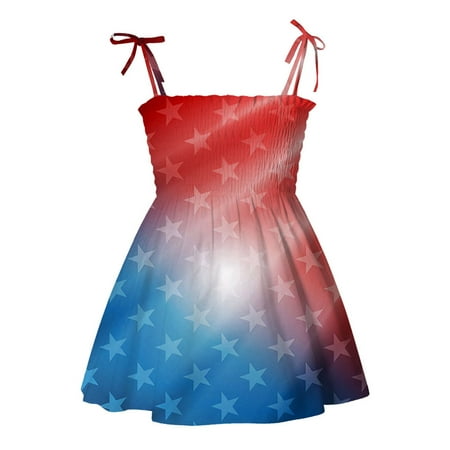 

Toddler Baby Girls 4th of July Dress Stars Stripe Ruffled Sleeve Smocked Skirt Independence Day Summer Clothes