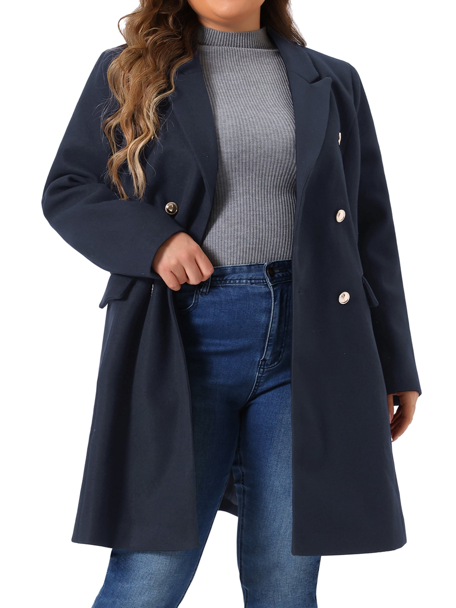 DARING DIVA Womens Plus Size Winter Pea Coat Double Breasted Notch Lapel 3X Navy Blue