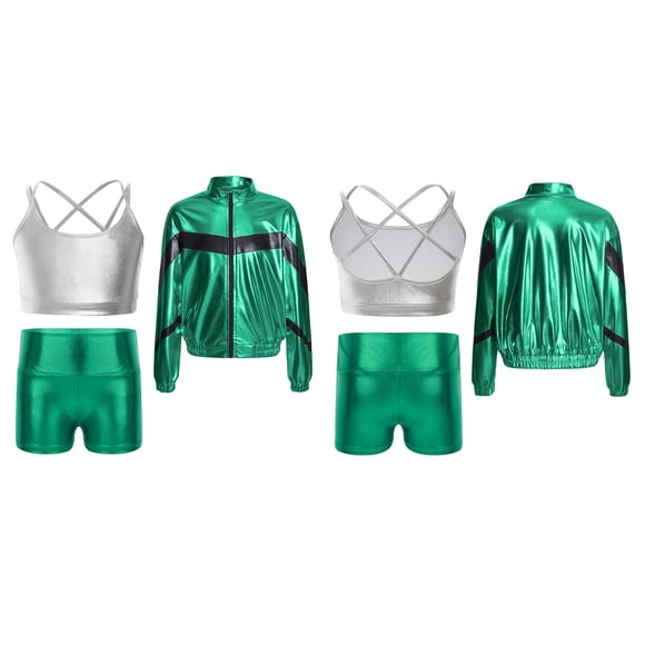 Linjinx Costume de Danse Jazz Hip Hop Métallique pour Filles, Veste Bomber à Manches Longues avec Short, Vert 16
