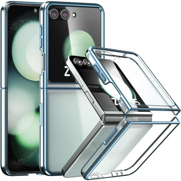 Case for Samsung Galaxy Z Flip 5 (2023) with Cover Screen Protector, Anti-Yellowing Transparent Thin Hard Phone Case for Galaxy Z Flip5 - Blue Clear