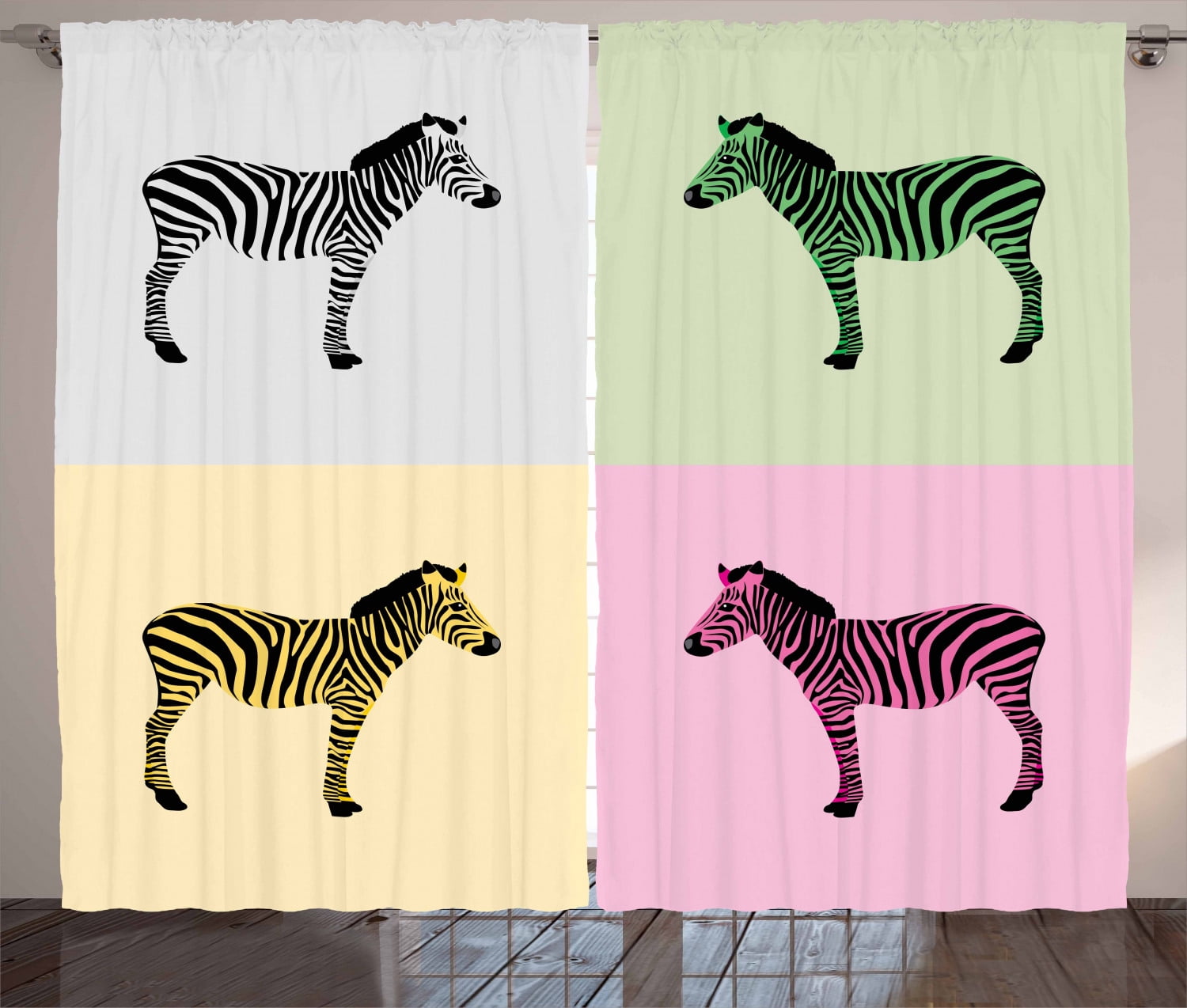 Pink Zebra Curtains 2 Panels Set, Zebras in Different Color Boxes Pop