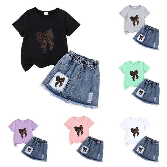 larppty Girls’ Leopard Bow Print T-Shirt and Denim Skirt Set – Cute 2-Piece Outfit for Kids, Soft Cotton Blend, Casual Wear for Playtime, School, and Parties(Black, 6 Years)