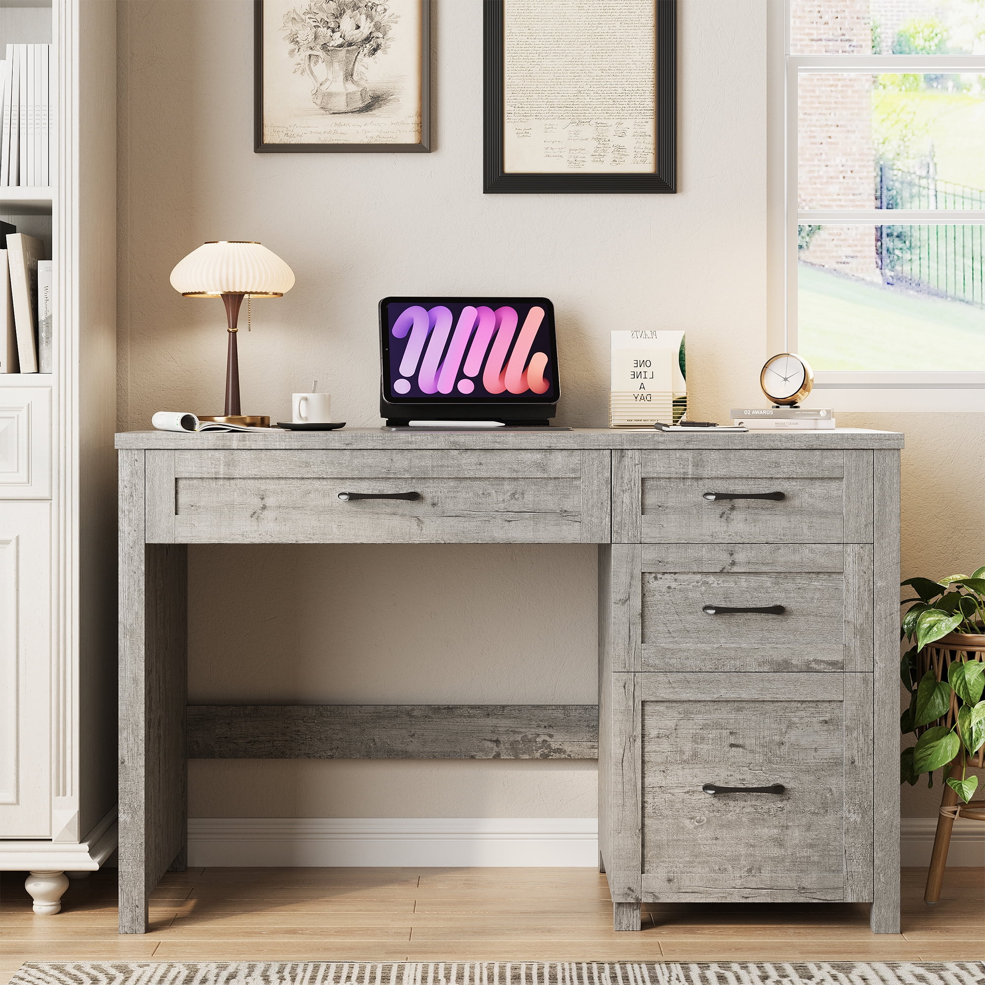 Conate 47" Executive Desk with File Cabinet and Drawers, Home Office Desk with Charging Station and Large Drawer, Workstation Table for Study
