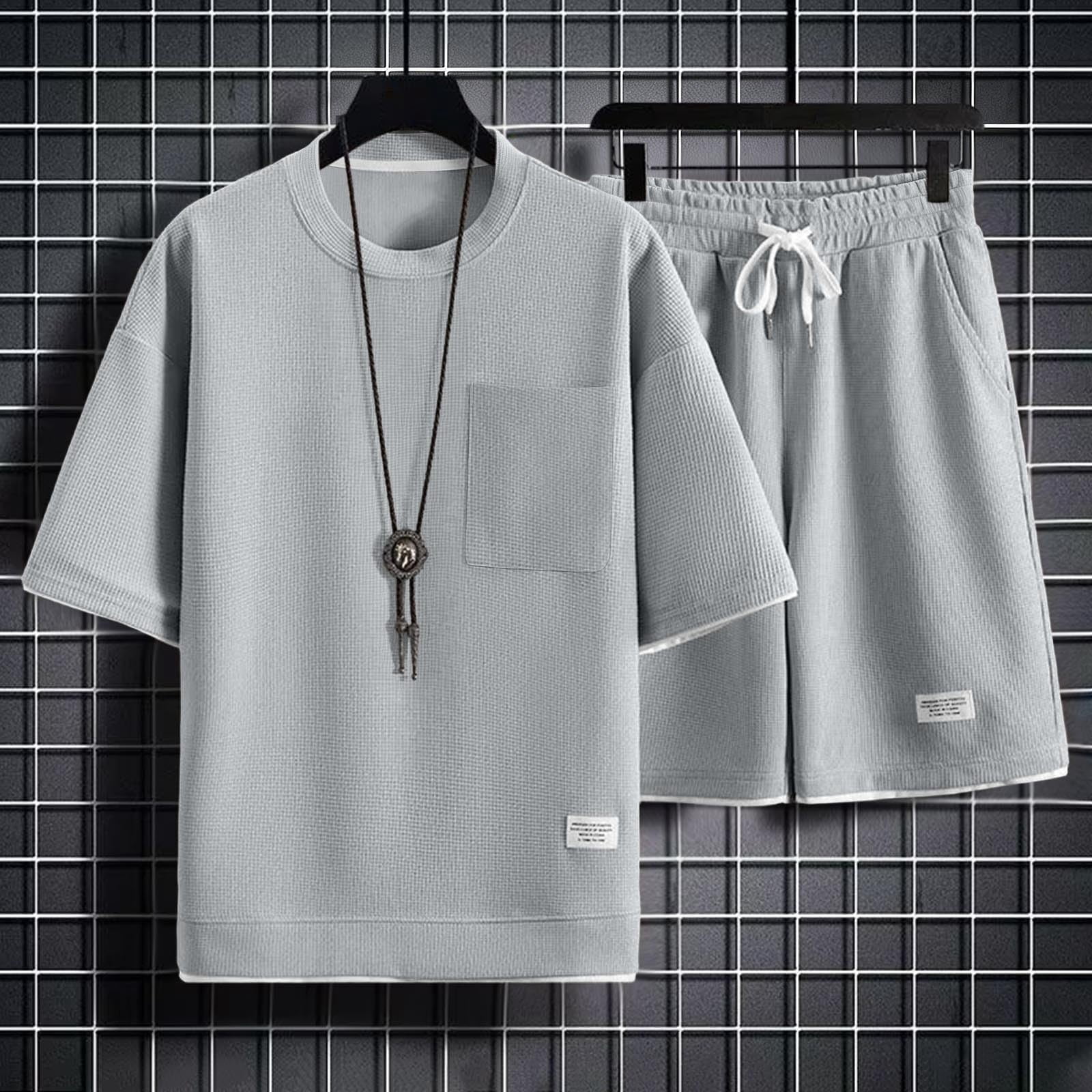 Mens Track Suits 2 Piece Set Short Sleeve Crew Neck Summer T Shirt