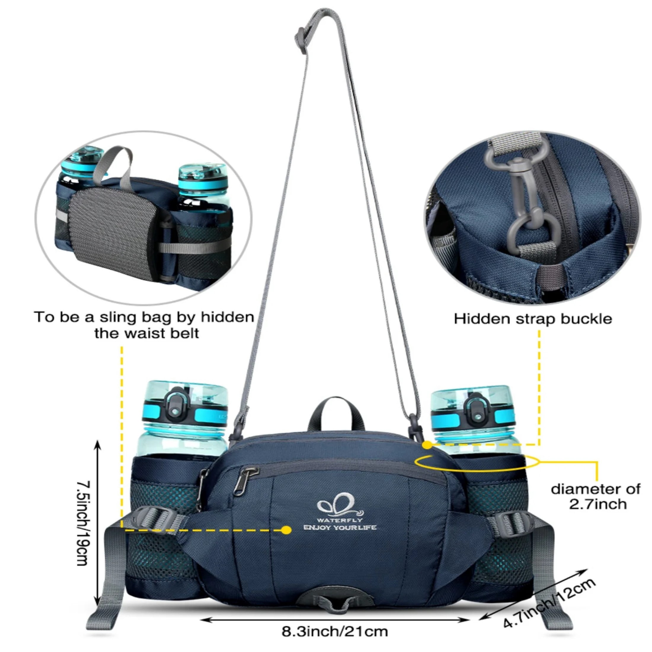 WATERFLY Unisex Large Capacity Hiking with Bottle Holder Fanny Pack Waist Bag,Dark Blue
