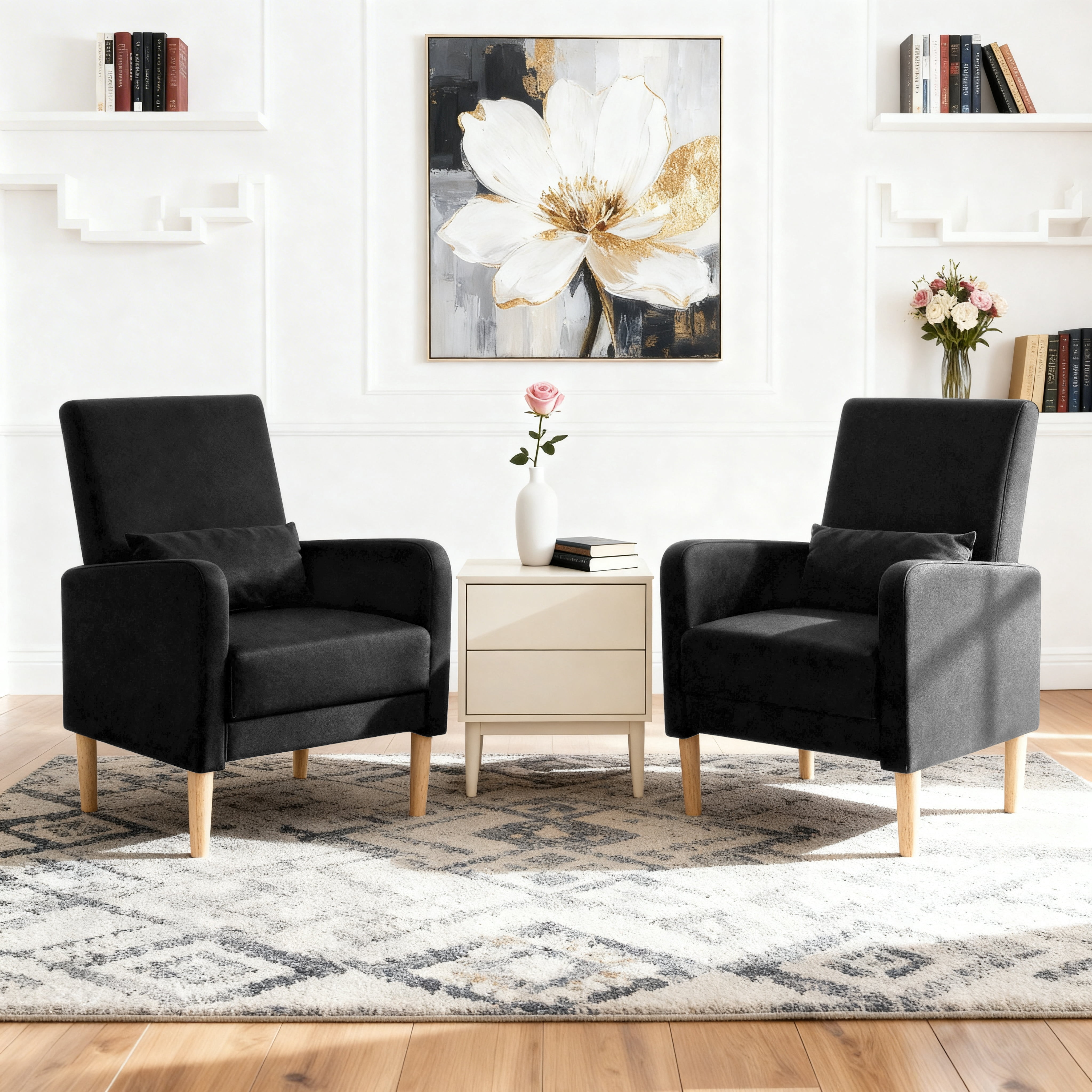 Gewnee 26.5”Modern Accent Chair,Linen Fabric Upholstered Comfy Single Chair with Solid Wood Frame & Pillow for Living Room,Apartments & Small Spaces.Black