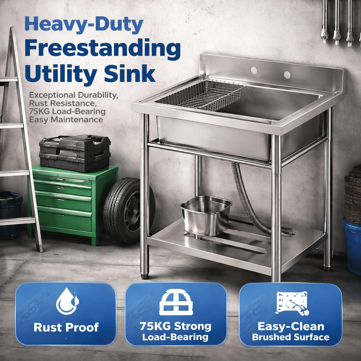 Kicctian Freestanding Stainless Steel Utility Sink,Adjustable Legs, Storage Shelf, Hooks and Backsplash, for Kitchen Garage Farm