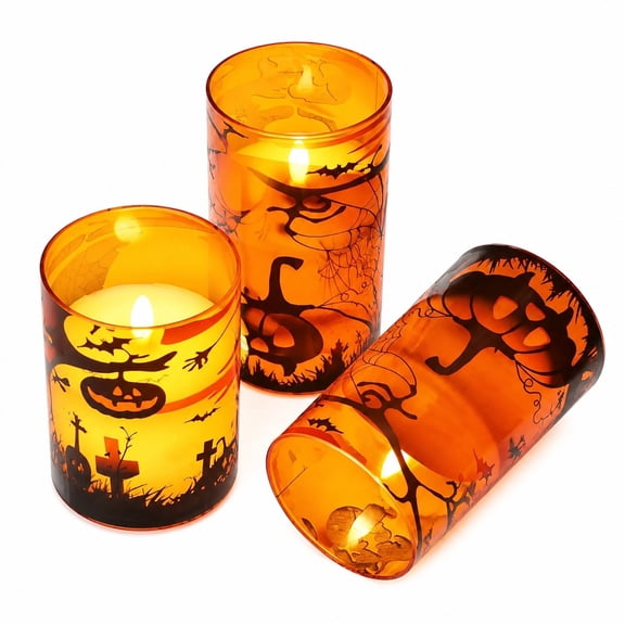 Flameless LED Pumpkin Glass Candles with Remote Timer, 3 Pack