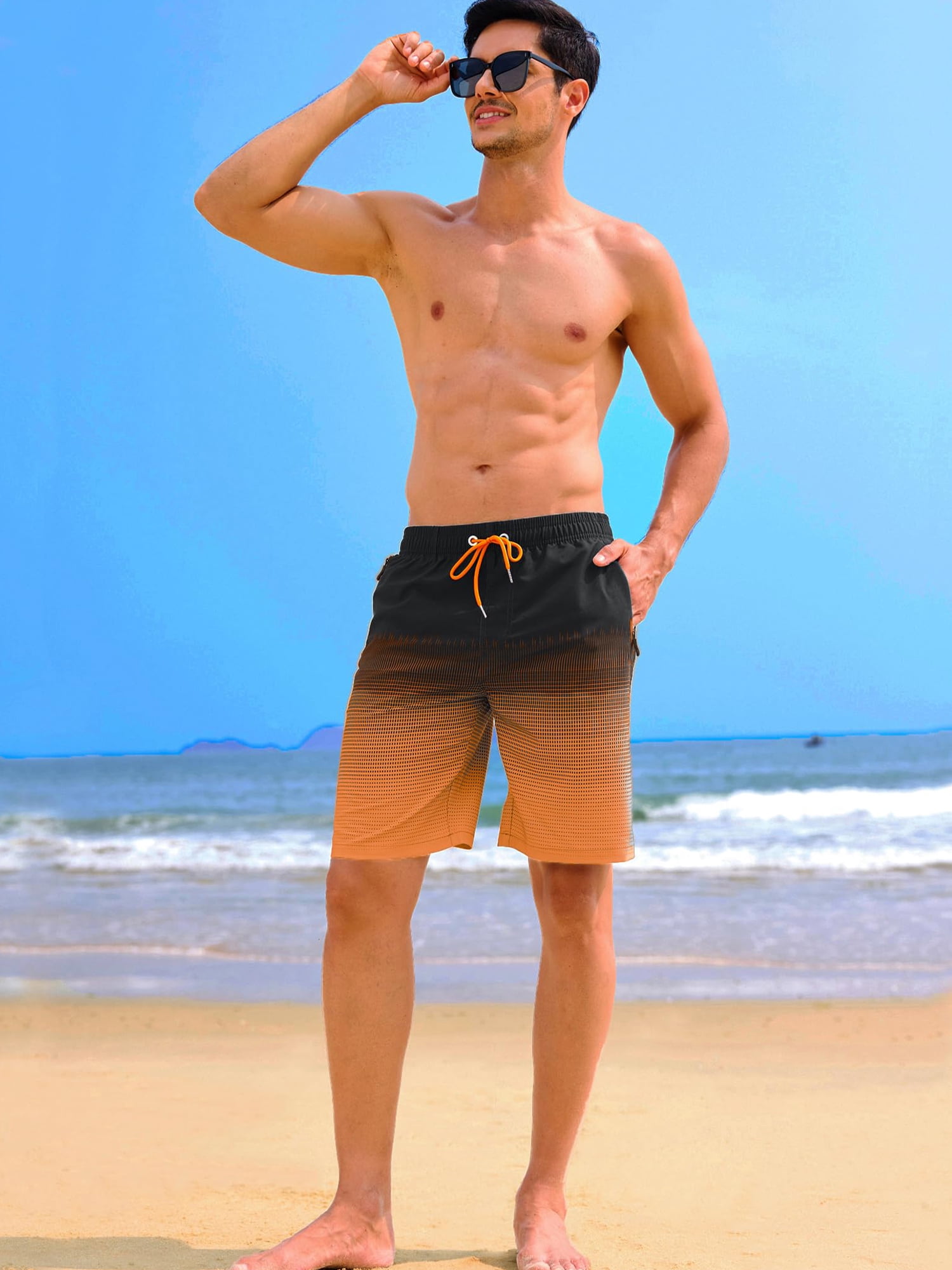 APTRO Mens Swim Trunks 9 inch Bathing Suit With Zipper Pockets Quick Dry Mesh Liner Swim Shorts Board Shorts Swimsuit Beach Shorts Grid Dark Orange 2XL