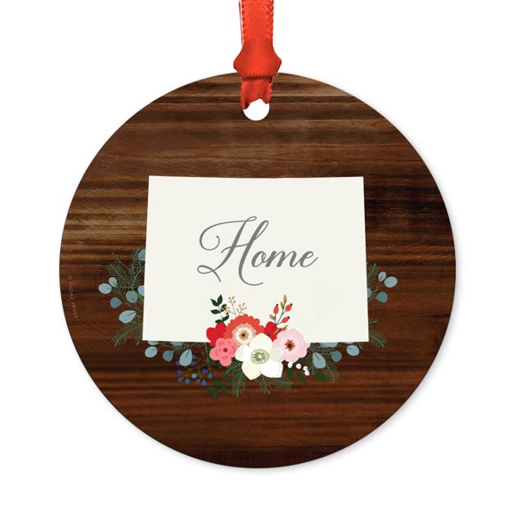 US State Round Metal Christmas Ornament, Rustic Wood with Florals Home, Colorado, Includes Ribbon and Gift Bag