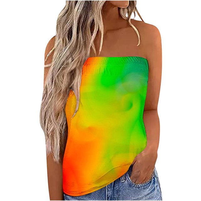 Plebaso Strapless Tops for Women Summer Backless Casual Blouses Gradient Print Womens Sleeveless Shirts