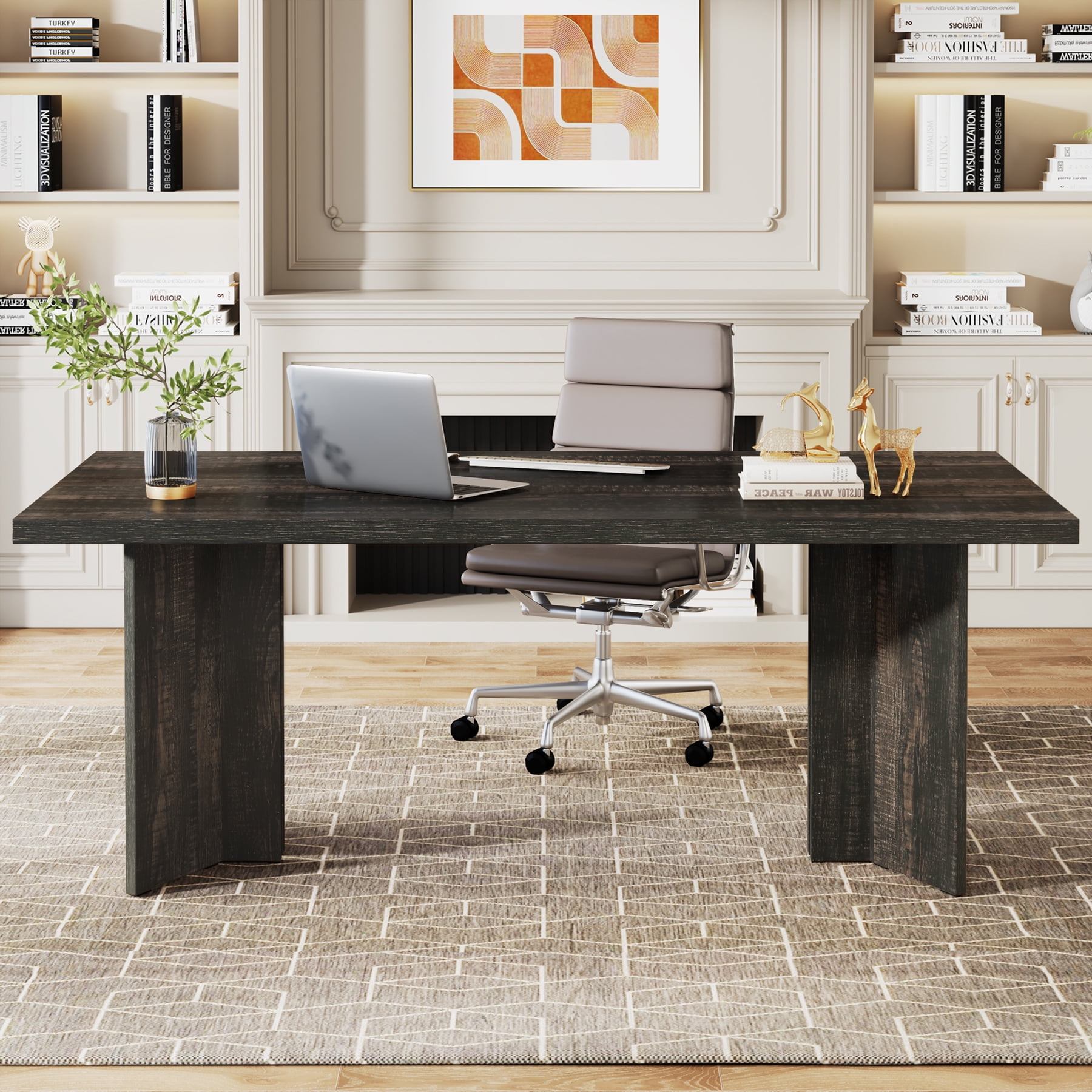 Tribesigns 63" Executive Desk, Vintage Wood Office Computer Desk Workstation for Home Office, Gray