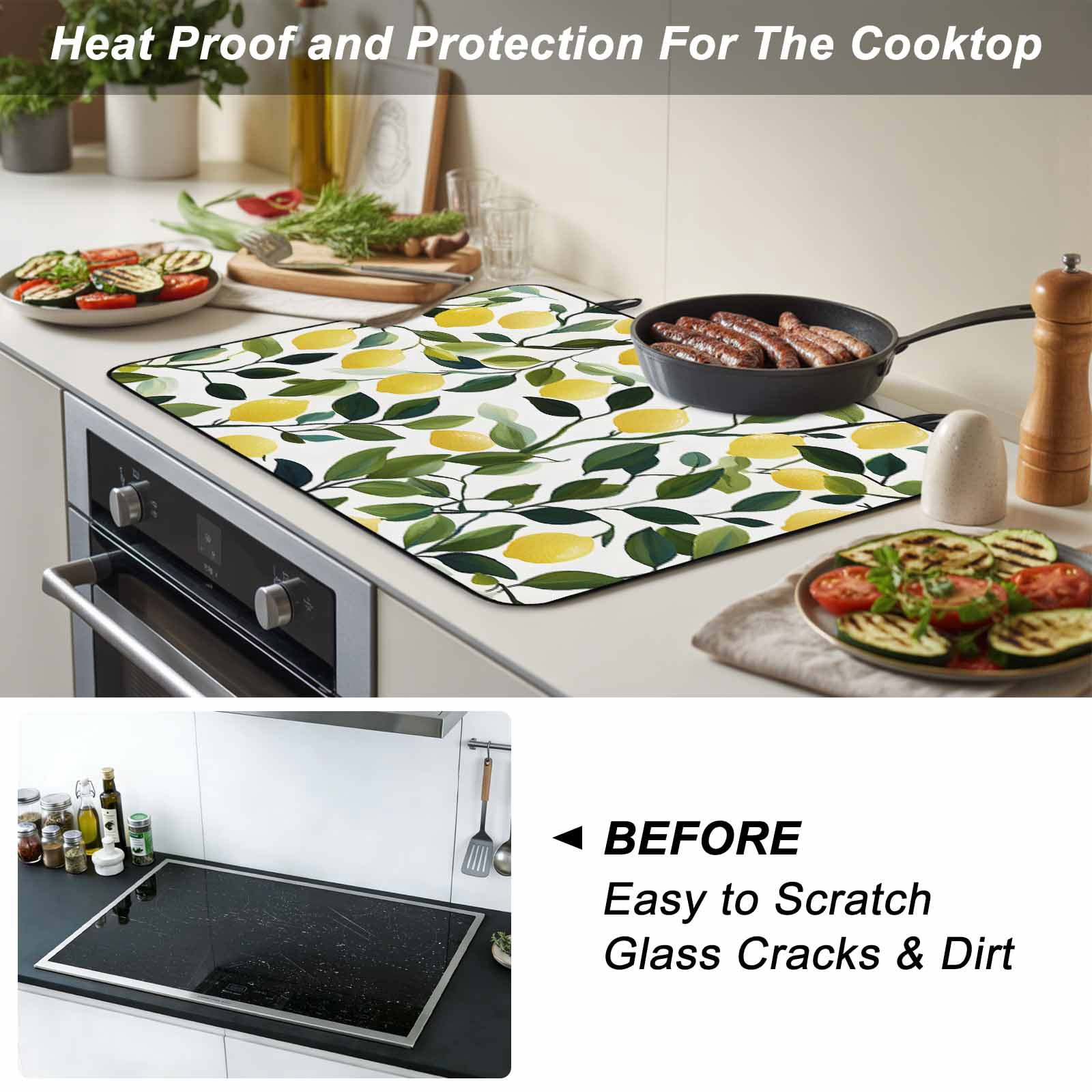 Summer Lemon Stove Top Cover for Electric Stove, Heat-proof & Non Slip Glass Top Stove Cover Protector, Yellow Fruits Pastoral Green Botanical Kitchen Flat Cooktop Rubber Mat 24x21 Inches