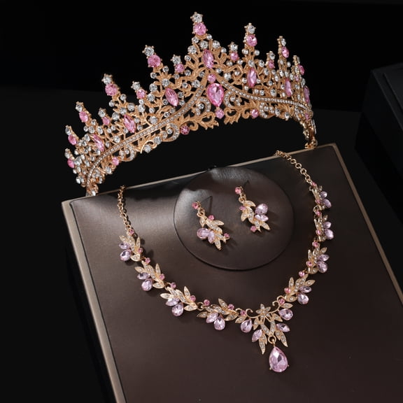 Gold pink Alloy Rhinestone Jewelry 3-Piece Set, Tiaras and Crowns Necklace & Drop Earrings For Womens, Box Packed Formal Accessories for Wedding, Birthday, Evening Party & Prom