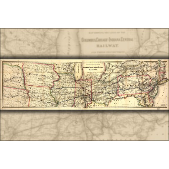 24"x36" Gallery Poster, Map Columbus Chicago Indiana Cent. Railroad 1868