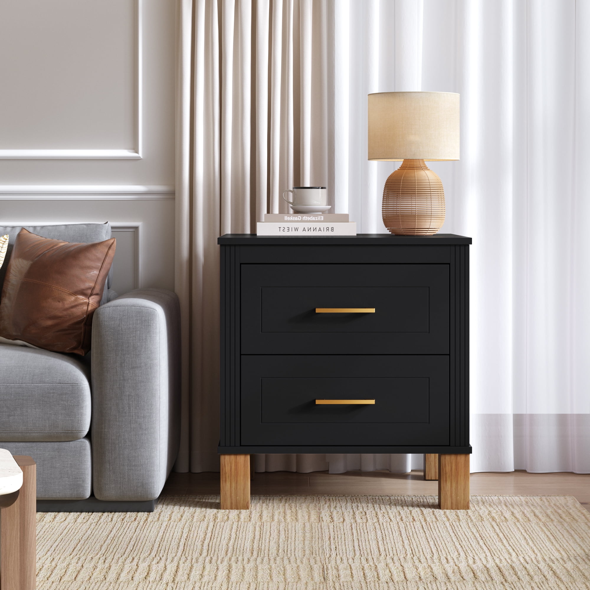 2 Drawer Nightstand, Fluted Design Bedside Table with Solid Wood Legs & Metal Handles, MDF Frame Storage Cabinet, Tall End Table for Bedroom Living Room