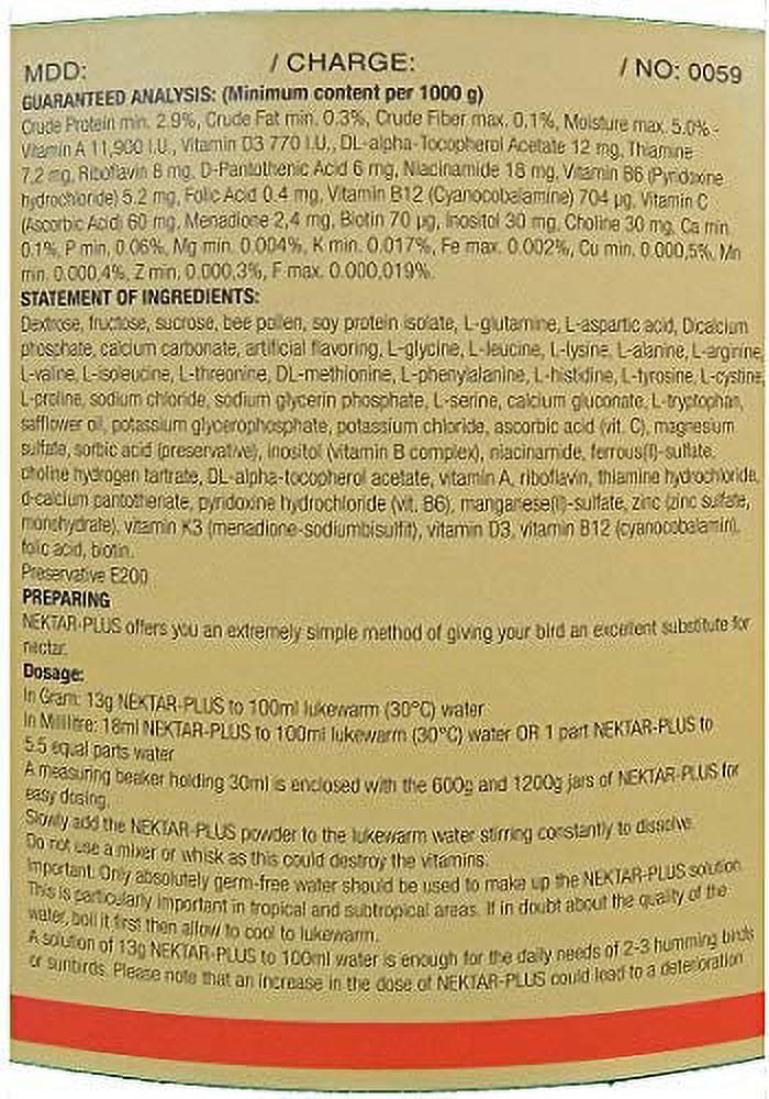 NEKTON Nektar-Plus Complete Diet for Hummingbirds, Lorikeets, Sun Birds 6.6Lbs (3000g)