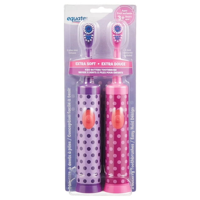 Brosse à dents pour enfants Equate™ alimentée par pile, poils extra doux. Points roses et violets, 2 unités