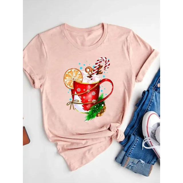 Camiseta con estampado de dibujos animados para mujer, ropa de manga corta de Navidad, moda de Año Nuevo, camisetas gráficas básicas