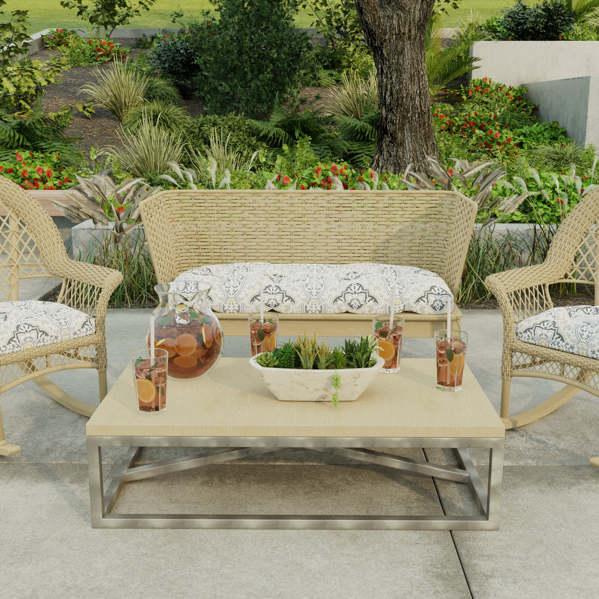 Jordan Manufacturing 44" x 18" Rave Grey Quatrefoil Rectangular Tufted Contoured Outdoor Wicker Settee Bench Cushion