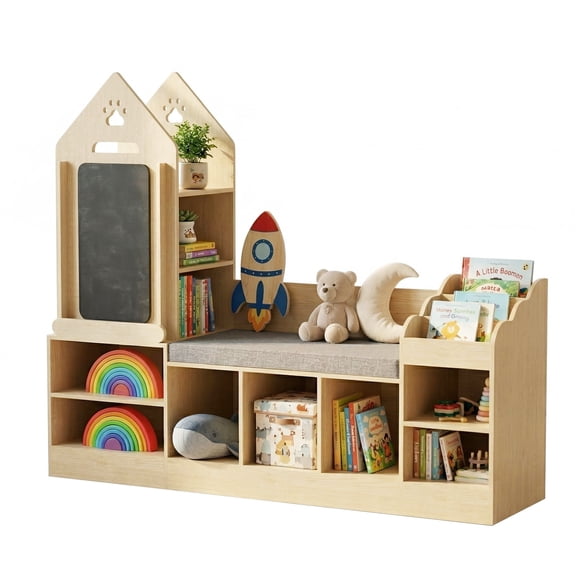 Guqiart Kids Bookshelf Natural Oak Reading Nook Toy Storage Organizer with Chalkboard and Bench