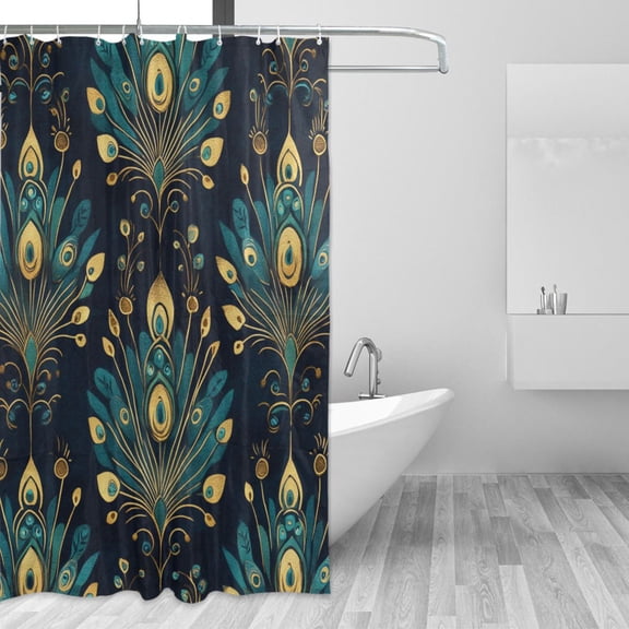 Yayeee Shower Curtain with Hooks 72"x72" Waterproof Fabric Bathroom Hanging Decor, Gold Peacock Pattern