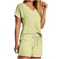 Virmaxy Womens Stylish Outfit 2 Piece Set Two Piece V-Neck Top Shorts Set Fashionable and Comfortable Short Sleeve V-Neck Top/Shirt Set Green-B Xs