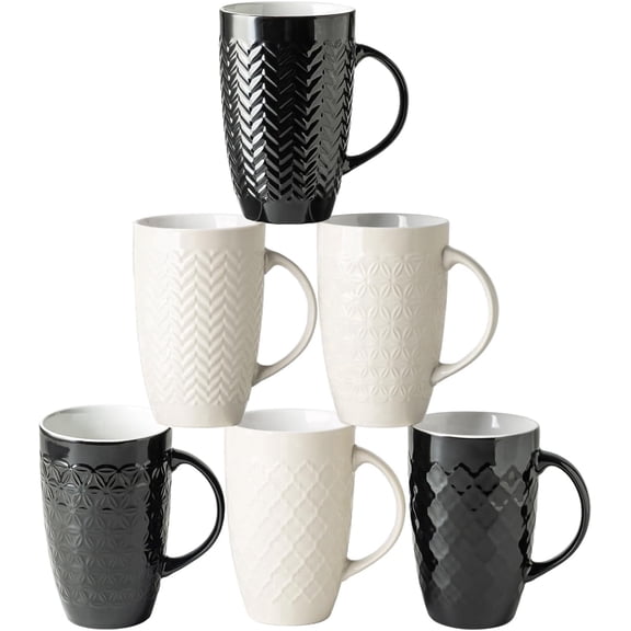 AmorArc Large Coffee Mugs Set of 6, 20oz Ceramic Tall Coffee Mugs Set with Textured Geometric Patterns for Coffee/Tea/Beer/Hot Cocoa, Dishwasher & Microwave Safe, Black&Beige