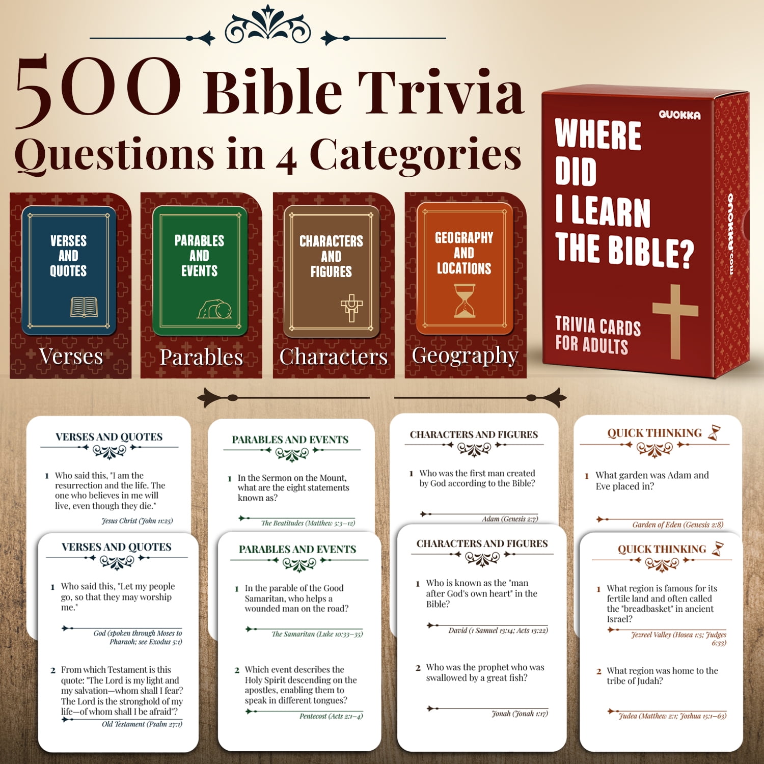 Quokka Bible Trivia Game for Adults - Christian Trivia Card Games with 500 Bible Questions