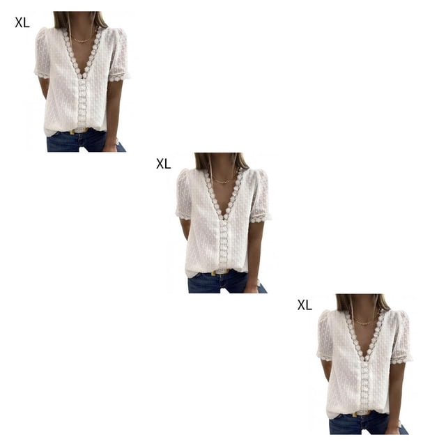 Camiseta de gasa Minnieouse para mujer blusa de encaje manga corta cuello en V Color sólido