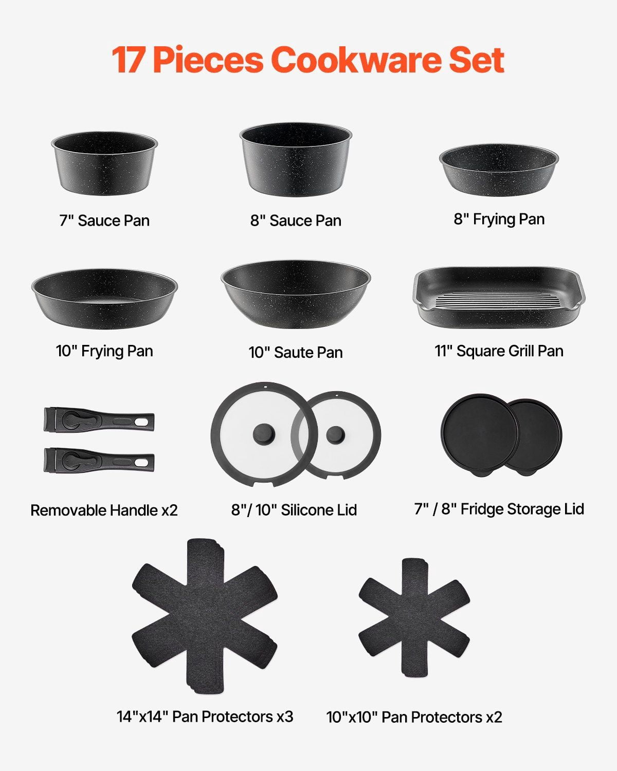 17 Piece Pots and Pans Set Nonstick Granite Coating Kitchen Cookware Induction Compatible Black