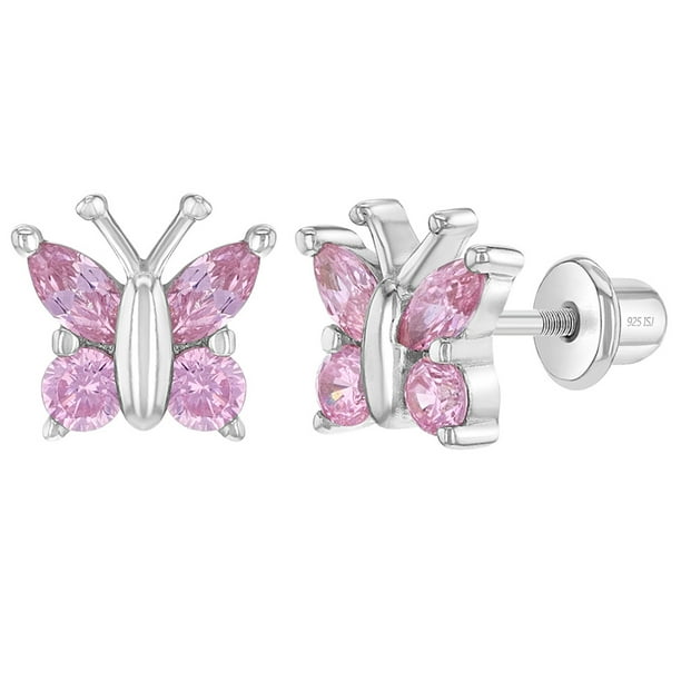 Boucles d'oreilles papillons roses en argent 925 attaches à vis pour fille