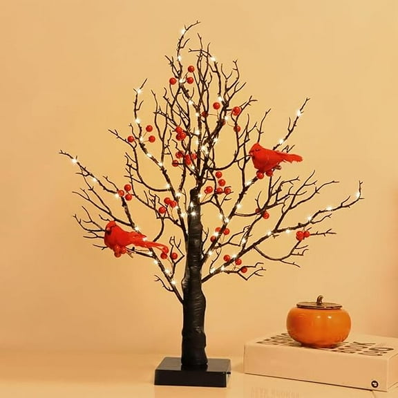 Vintage Glowing Cardinal Tree with Berries,Vintage Glowing Tree with Moving Cardinals,LED Vintage Glowing Tree,Warm Vintage Glow with Festive Red Berry,Lighted Cardinal Tree